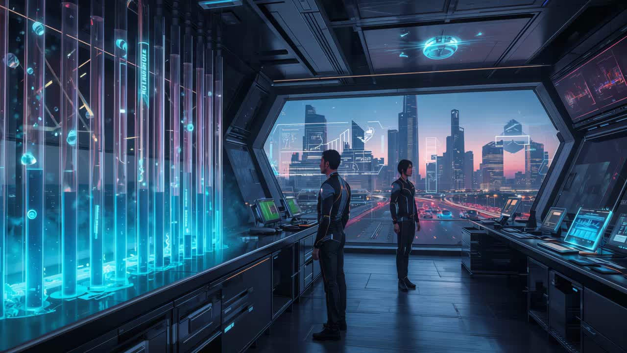 Futuristic Cyberpunk Control Room with Cityscape View