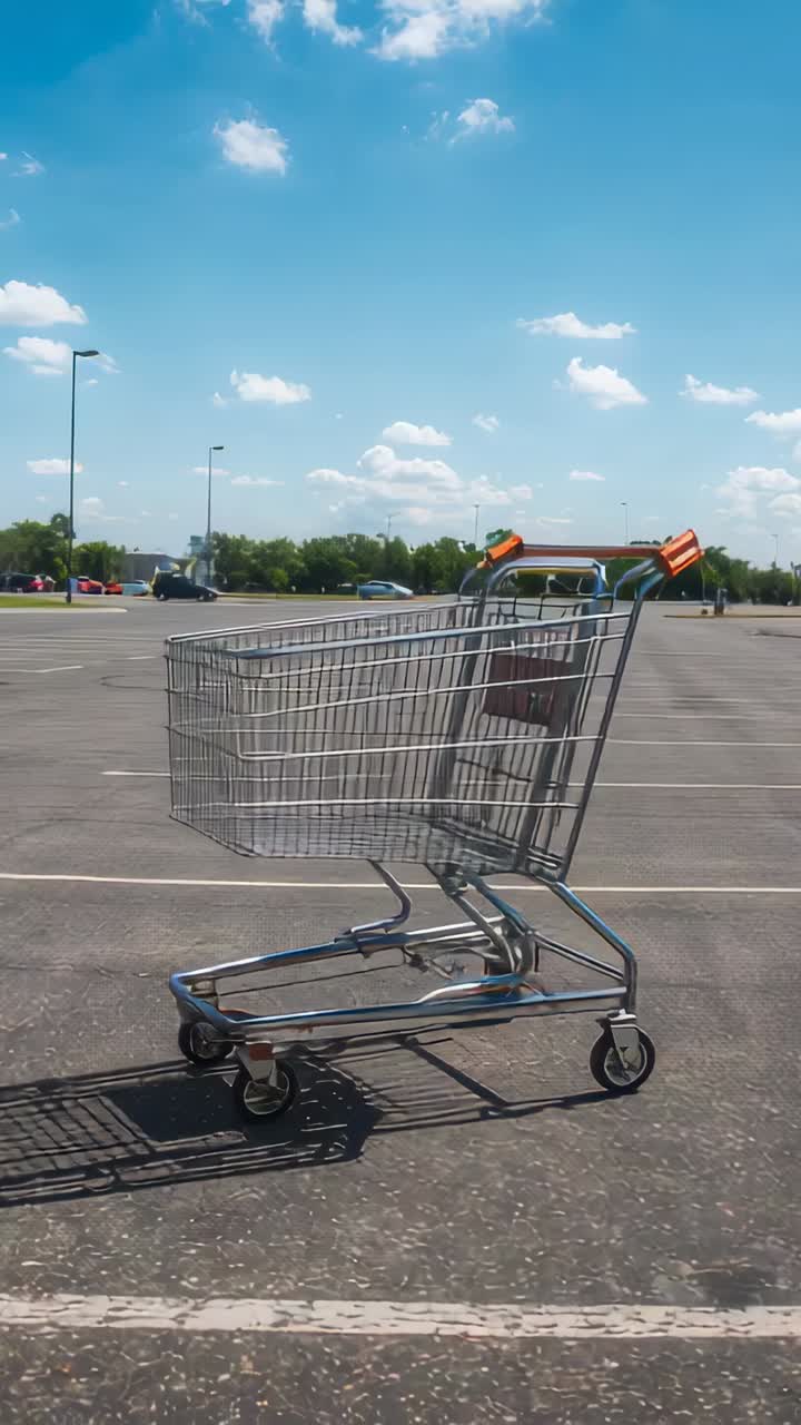 Vertikales Video: Ein rollender Metallwagen wackelt über einen Parkplatz, mit orangefarbenem Griff und rotem Schild