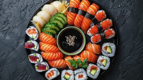 Assorted-Sushi-Platter-with-Soy-Sauce-on-Dark-Background