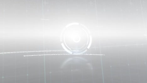 animation of round scanner and data processing over grid network against grey background