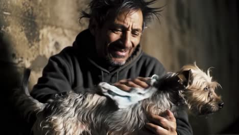a heartwarming moment of connection between a man and his dog, captured in depths of emotion and trust amidst a grimy surrounding