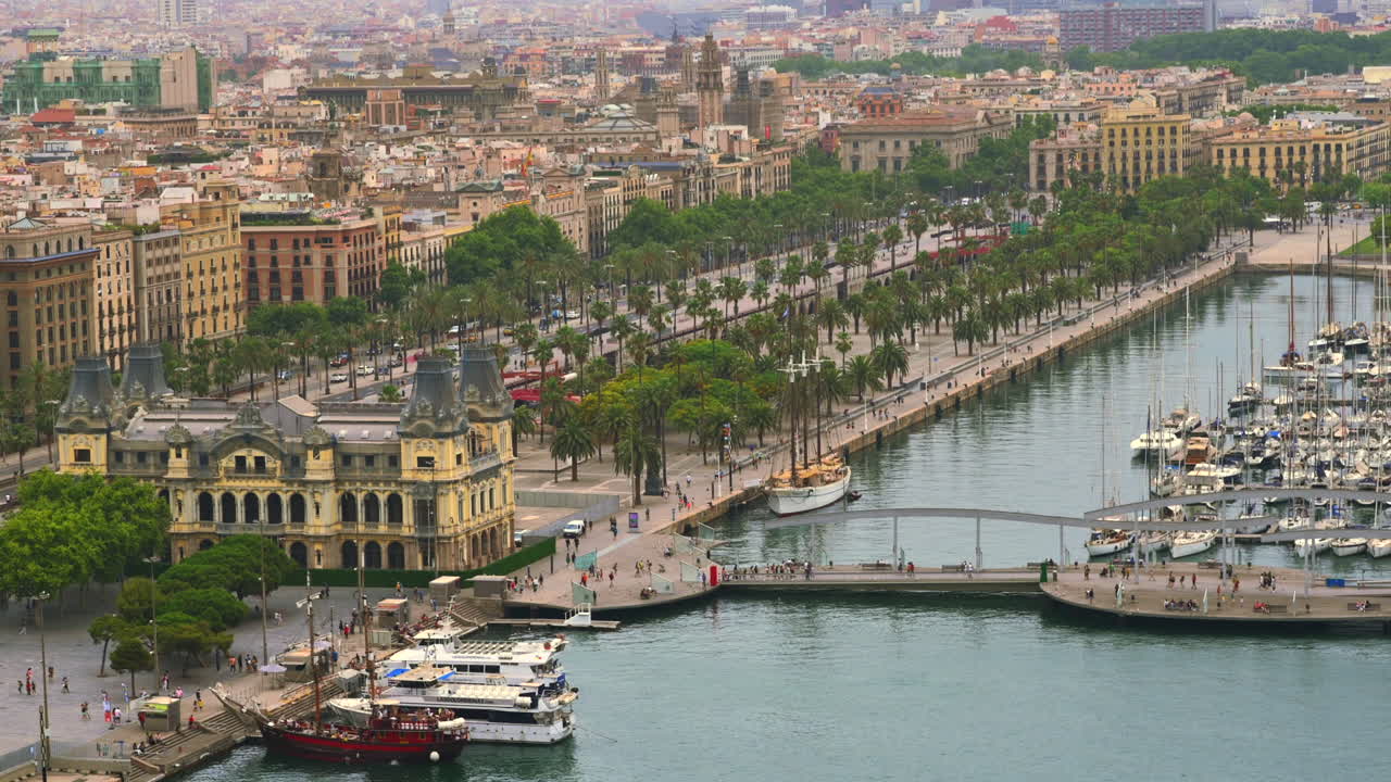 Aerial drone view of the Junta d'Obres del Port building in Barcelona, Spain