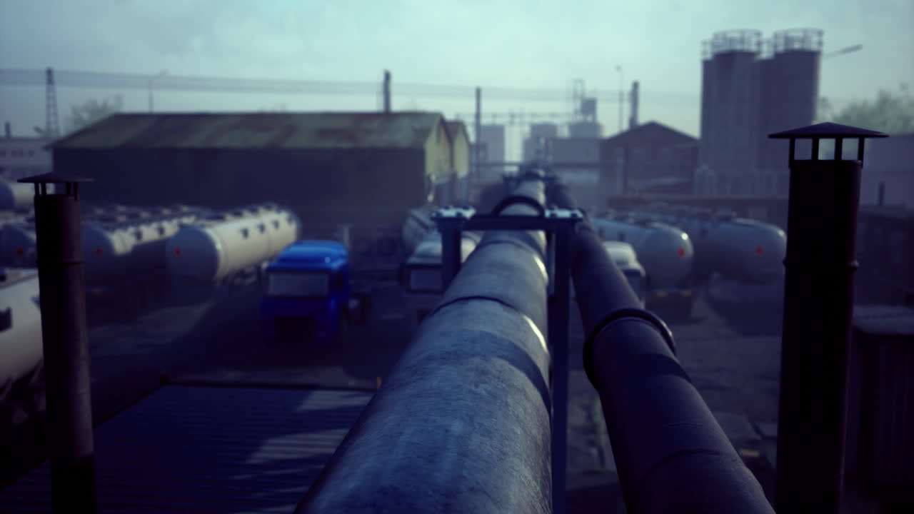 Industrial landscape with pipelines and vehicles in a misty environment