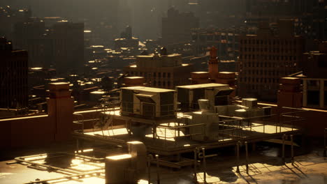 post-apocalyptic cityscape: ruined buildings and rooftop machinery at sunset