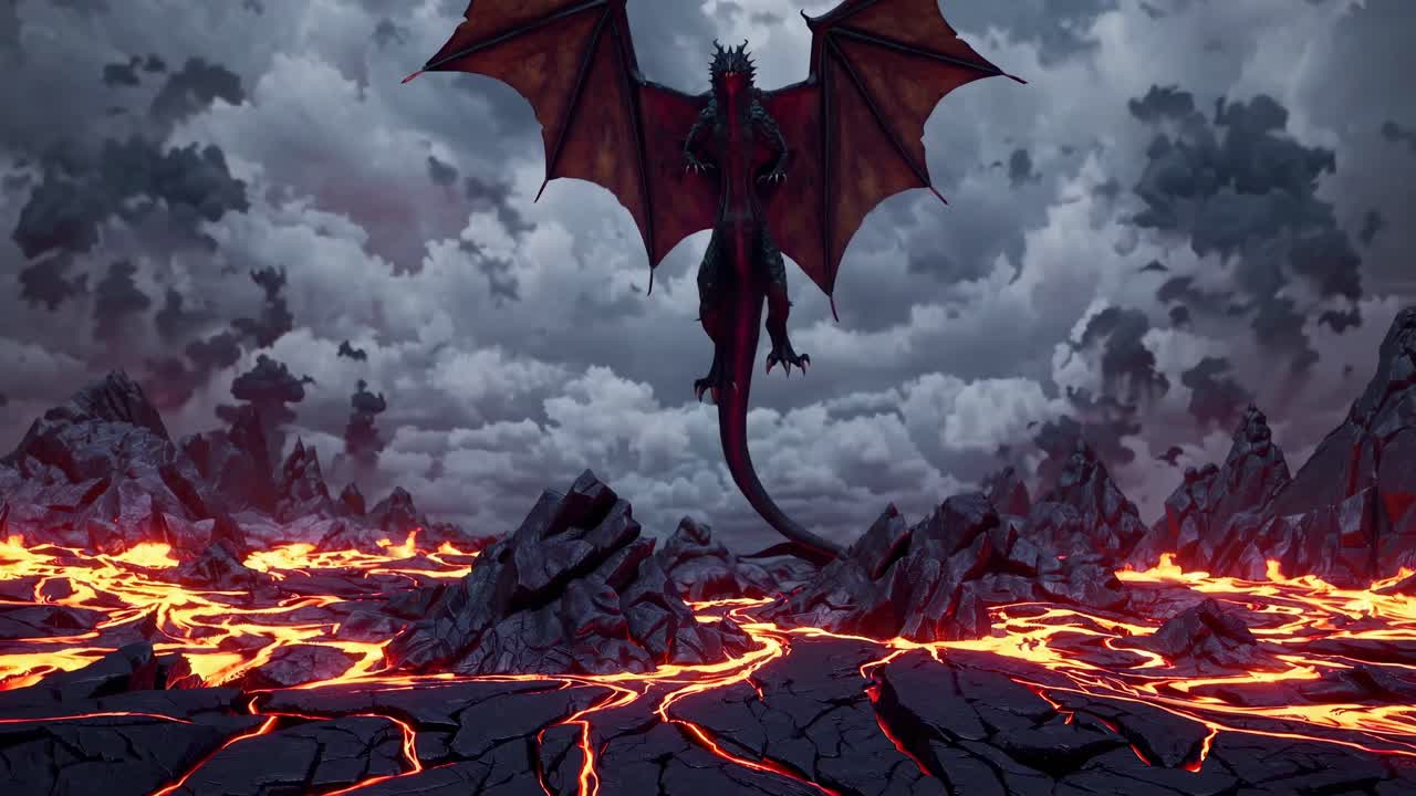 Epic fantasy scene of a dragon flying over a fiery volcanic landscape