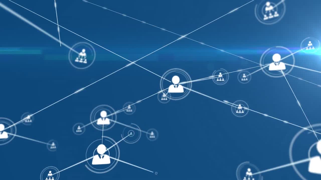 프로필 아이콘의 네트워크와 파란색 배경에 대한 빛의 점의 애니메이션