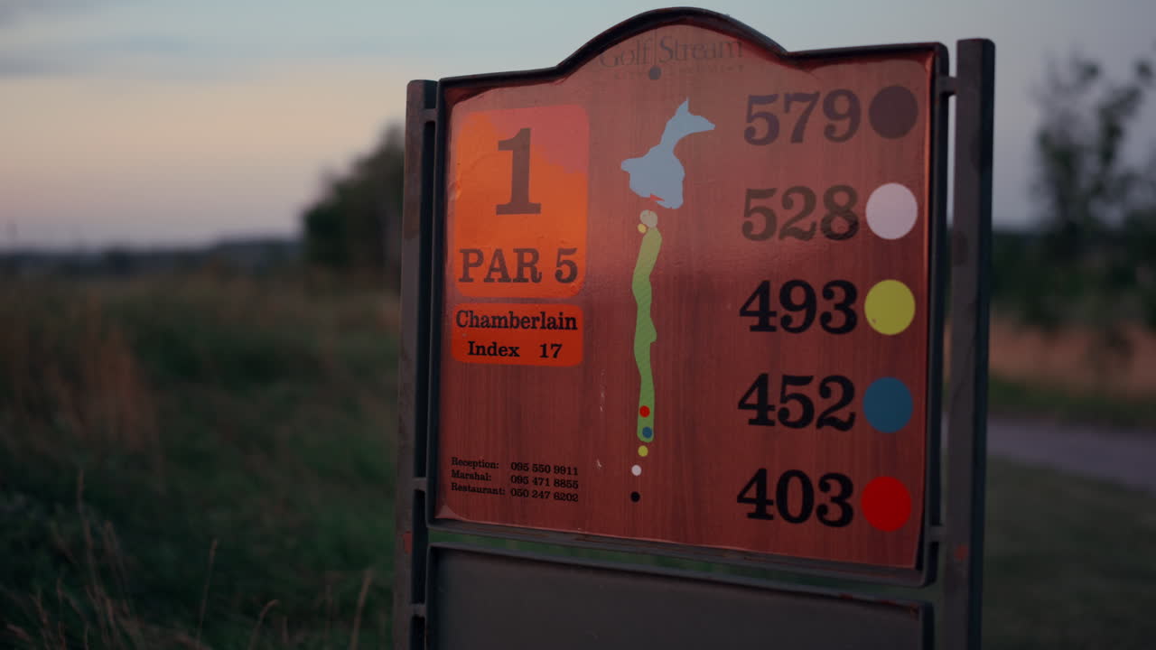 녹색 공원 지도 표지판은 골프장 자연 필드에서 위치 정보를 표시합니다.