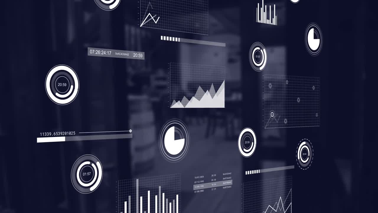 Animation of multiple graphs moving over entrance of empty coffee shop