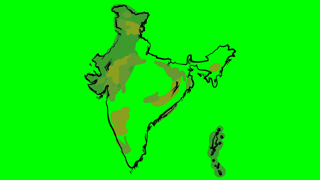 India drawing colored map on green screen isolated whiteboard