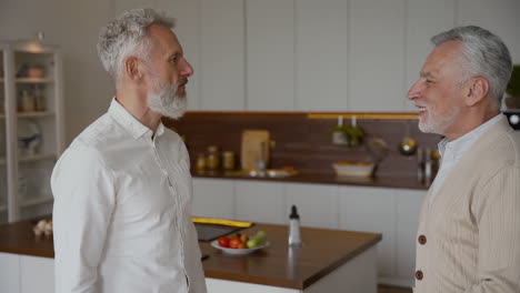 two happy senior men friends shaking hands and talking at home