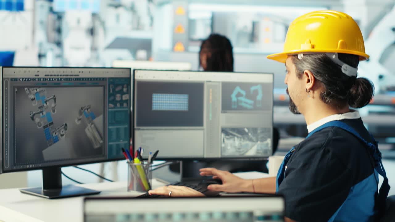 el técnico de la planta de fabricación de paneles solares utiliza el programa cad para optimizar los diseños