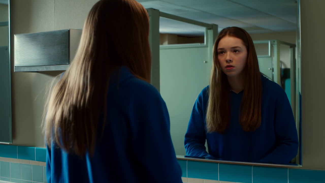 Adolescente nello specchio del bagno, pensieroso e concentrato. Uno studente si sistema i capelli e osserva il riflesso. Piastrelle blu fredde.
