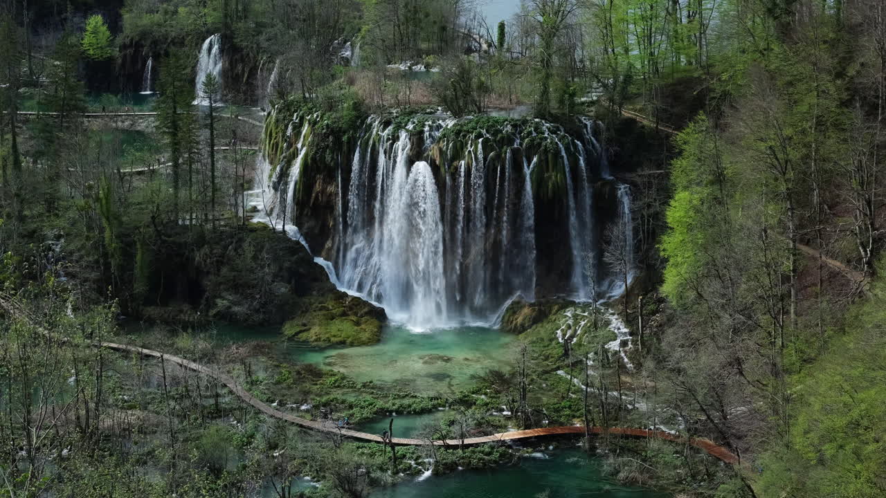 Close-Up of Large Waterfalls in Plitvice Lakes National Park, Slow Zoom