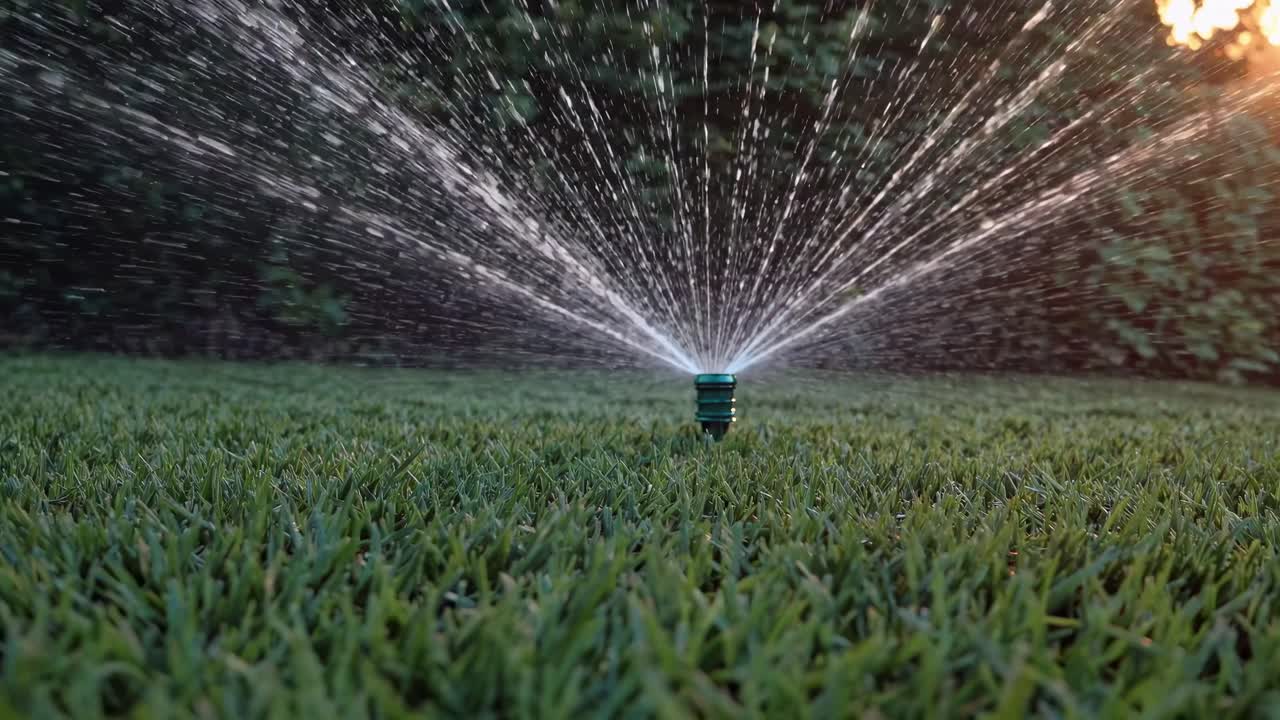 Video ripreso dal basso di un irrigatore su un prato lussureggiante, che cattura gli spruzzi d'acqua al tramonto dorato.