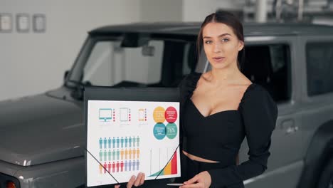 una joven agradable da una presentación sobre infografías en el fondo del camión