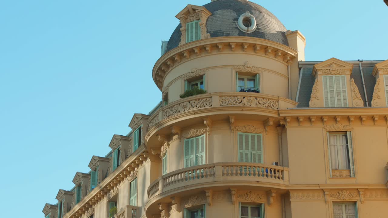 European Building Exterior In Art Deco Architecture In Nice, France. low angle shot
