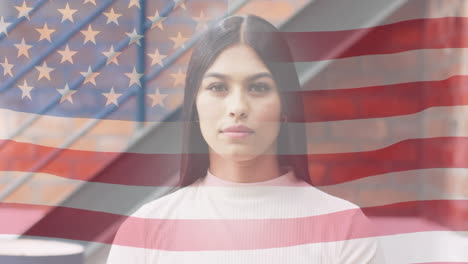 animation of flag of usa over caucasian businesswoman in office