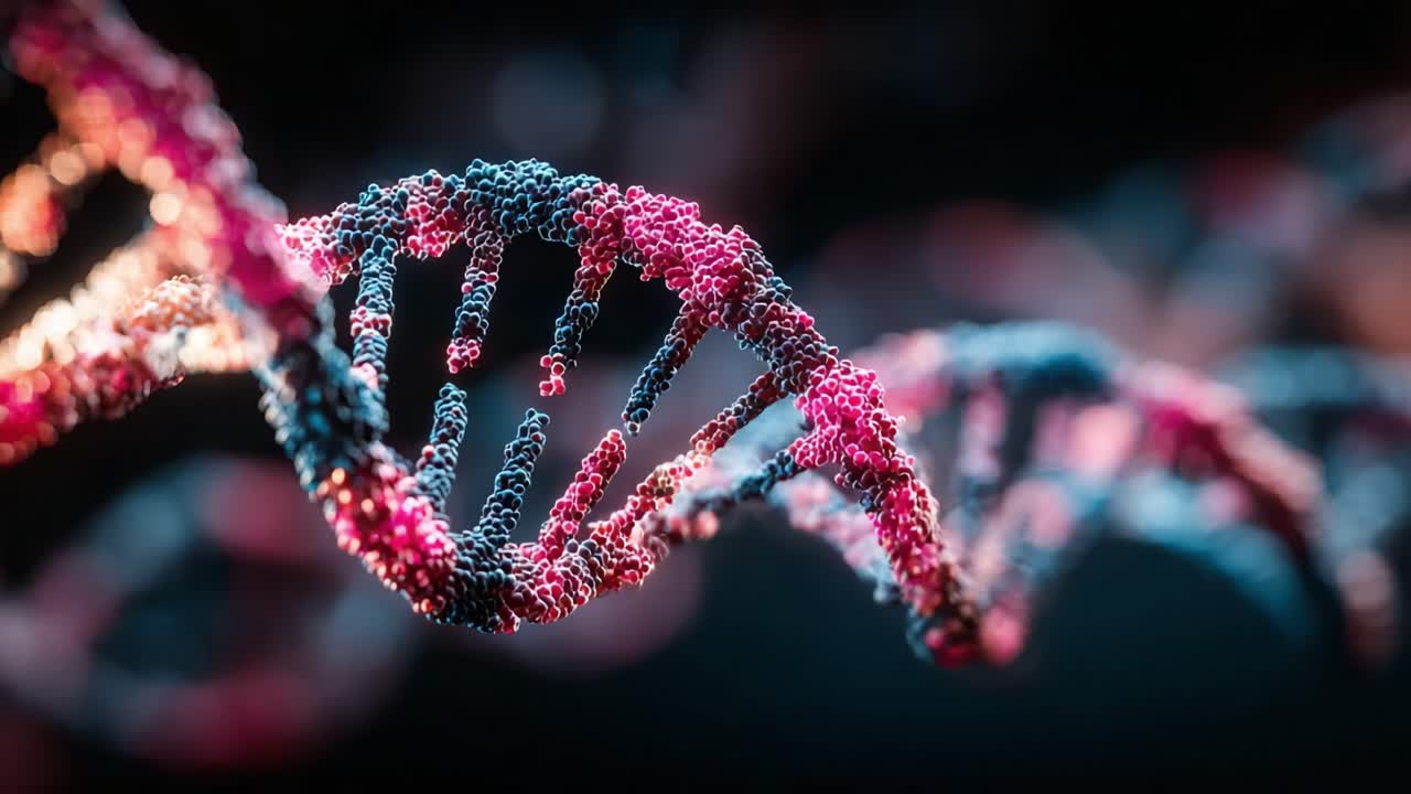 Un primo piano accattivante della struttura dell'elica del DNA che mostra le complessità del materiale genetico con una straordinaria combinazione di colore e luce