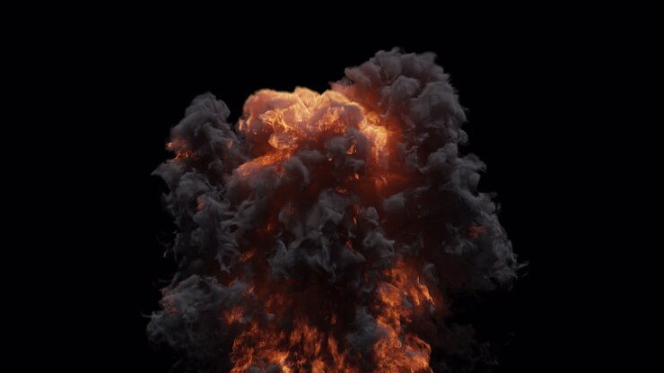 Explosion de feu réaliste avec une fumée dense sur fond noir