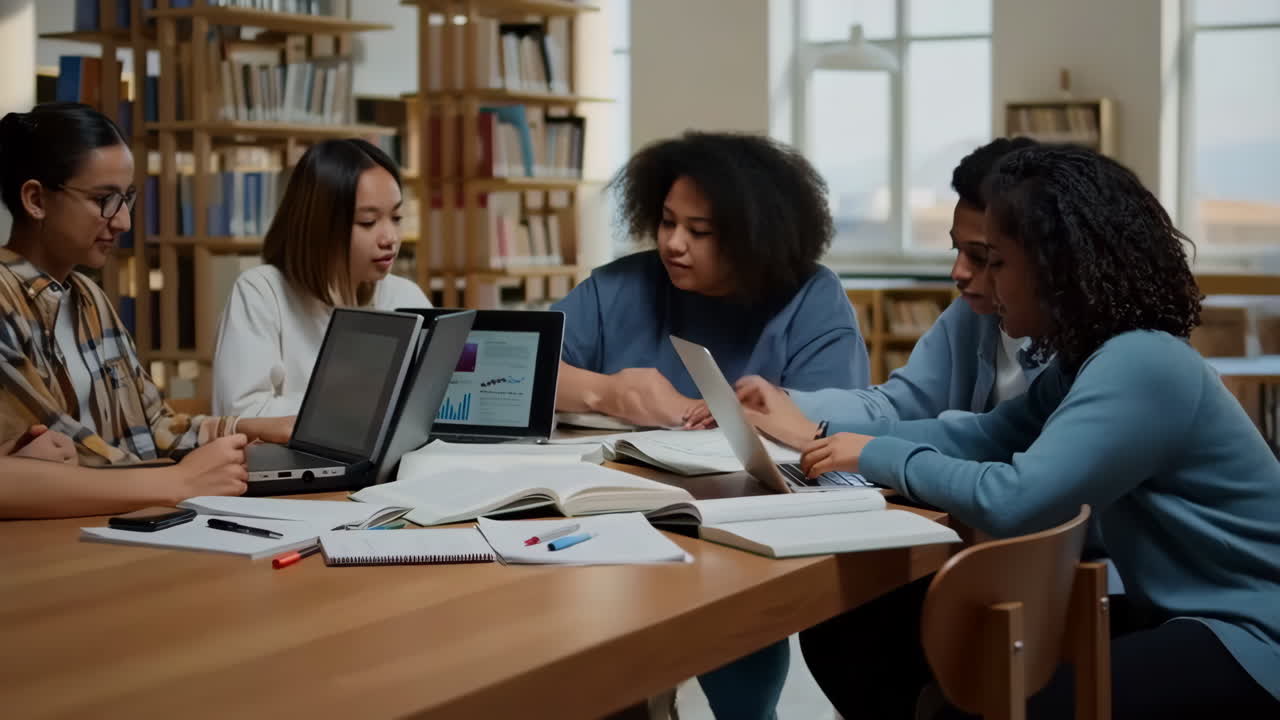 Diverse Group of Students Studying and Collaborating in a Library