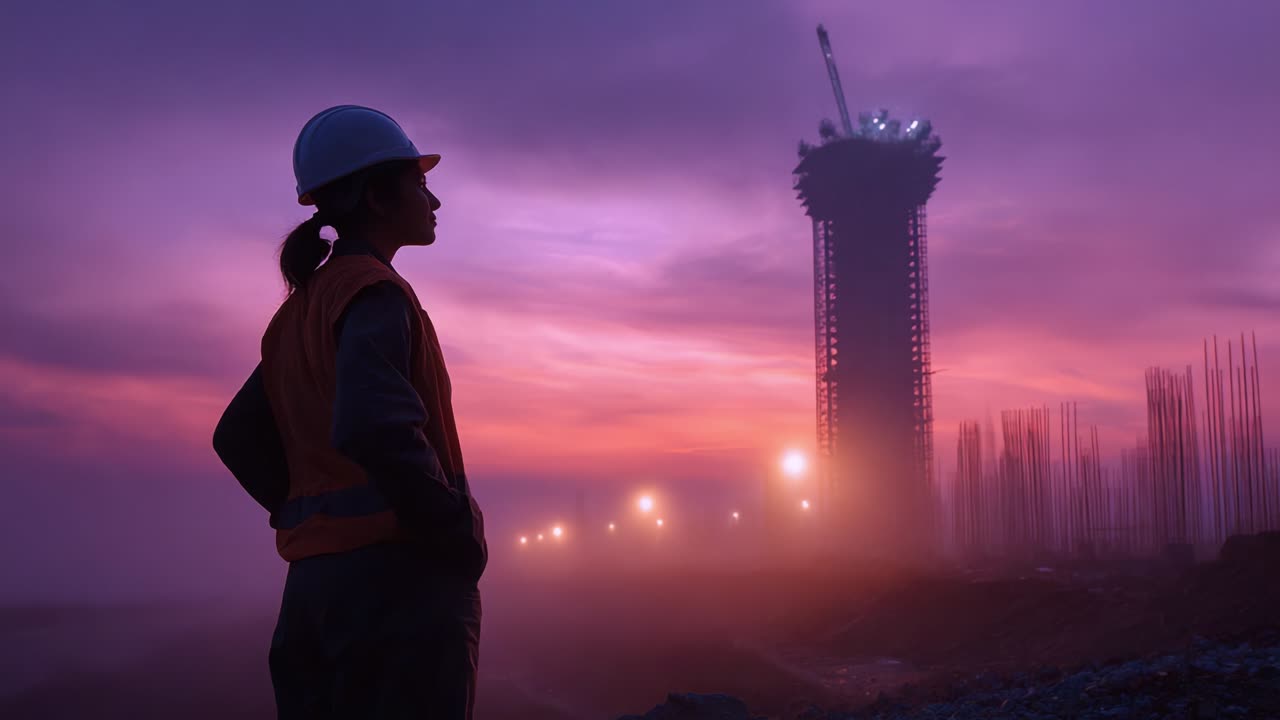A construction worker watches the twilight sky as a skyscraper rises against the vibrant backdrop of purple and orange hues, marking the intersection of nature and human ingenuity in the cityscape