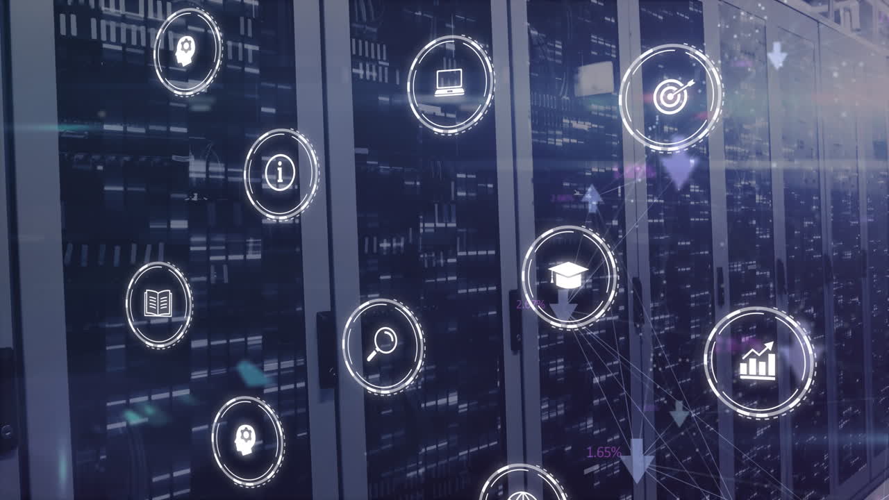 animación de la interfaz con múltiples iconos digitales y cuadrados de mosaico contra la sala de servidores de computadora