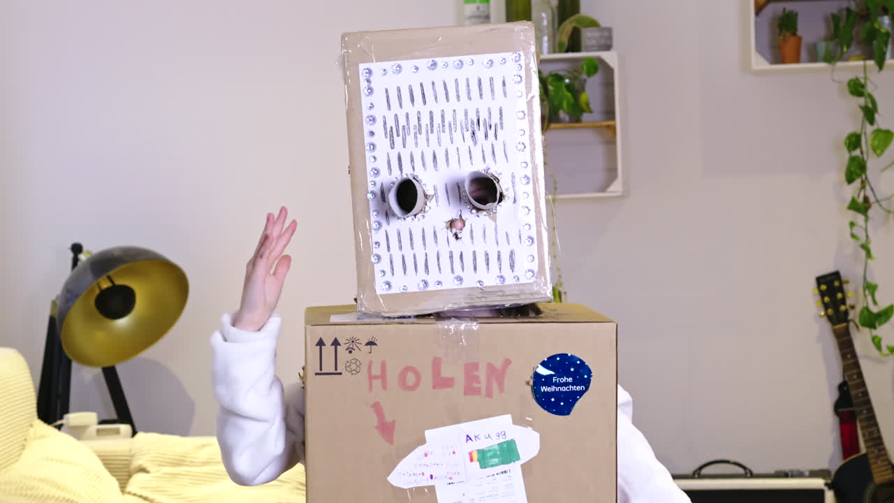 A child joyfully dances in a homemade robot costume crafted from cardboard and paper. The backdrop is a cozy living room with a modern lamp, guitar, and plants adding to the playful atmosphere.