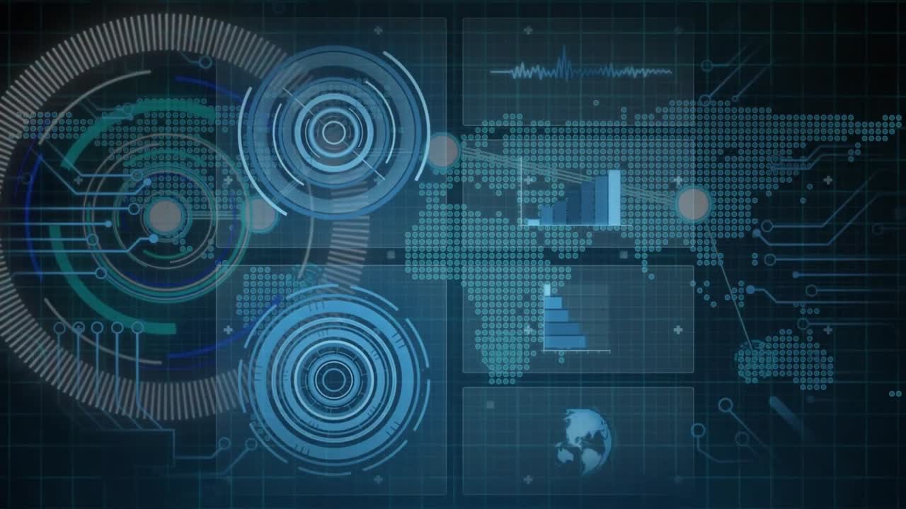 animación de la red de conexiones y escaneo de alcance sobre el mapa del mundo