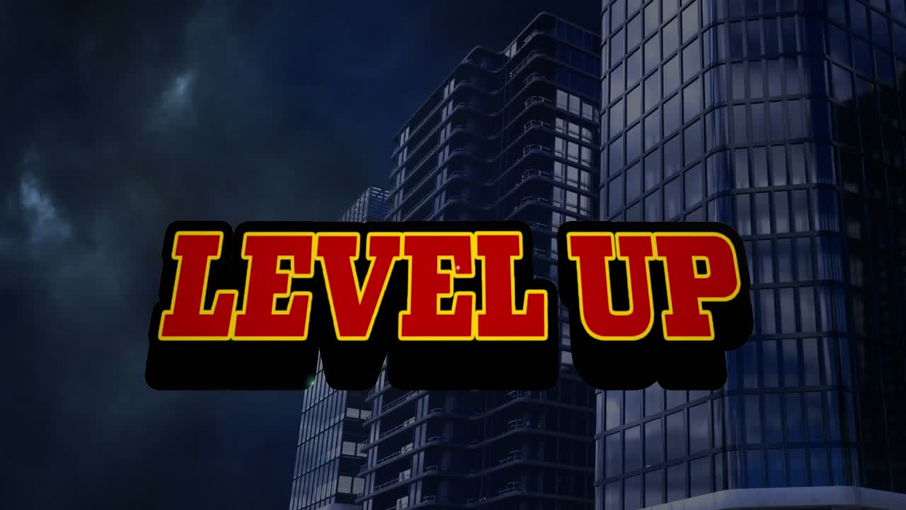 Animation of level up text over cityscape