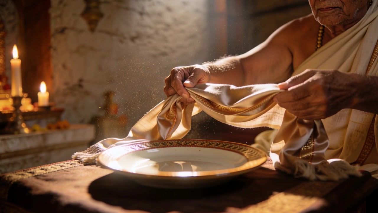 Holding cloth taut above gilt plate, senior priest dhoti-clad arranging it in temple, copy space