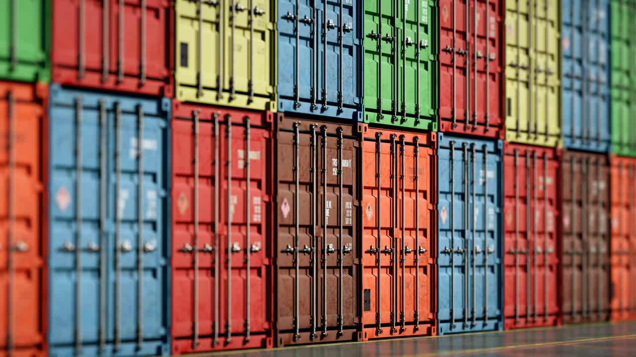 화물 운송 컨테이너의 줄을 따라 긴 초점 카메라의 루프 이동