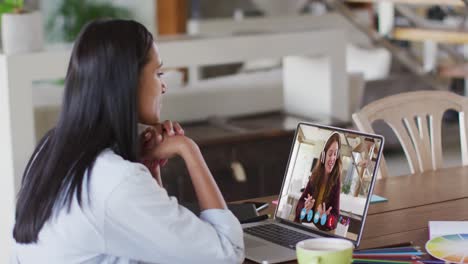 African-american-woman-having-a-video-call-with-female-colleague-on-laptop-at-home