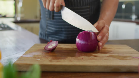 hands of caucasian pregnant woman wearing apron and cutting onion