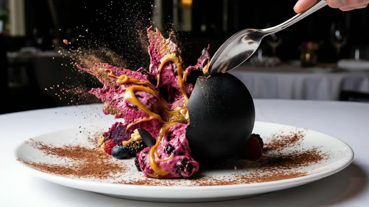 Kunstnerisk gourmetdessertanretning med sjokoladekule og bær