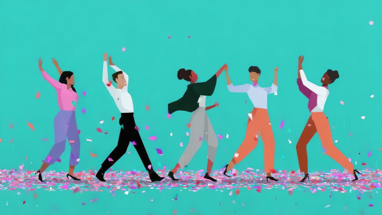 A Vibrant Celebration of Joy and Unity: A Colorful Display of People Dancing Together Amidst Confetti, Exuding Happiness and Creating Memorable Moments in a Festive Atmosphere