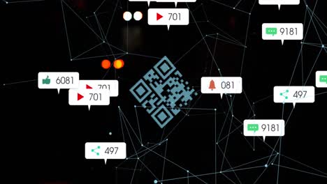 animación de iconos de medios y código qr sobre los puntos