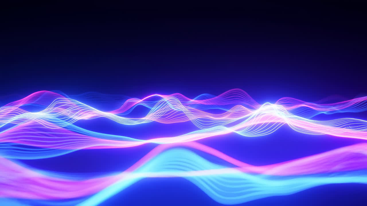 Luminous Neon Waves Rolling Across Dark Horizon In Pink And Blue Hues, Smooth Flowing Motion Perfect