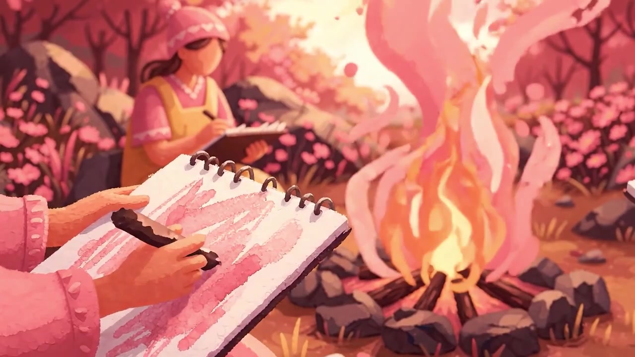 Tre giovani ragazze creano arte attorno a un falò in una vivace foresta rosa, circondate da fiori in fiore e dalla luce soffusa del sole, godendosi un momento pacifico e creativo