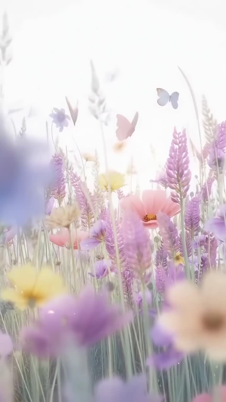Dreamy close-up video of wildflowers in soft focus, viewed from a low angle, ethereal style