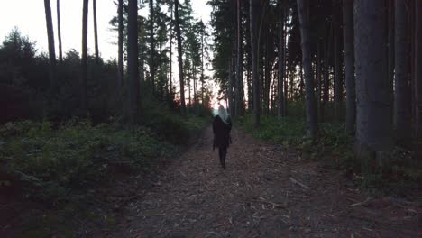 Mujer-Joven-Camina-Por-Un-Sendero-A-Través-De-Un-Bosque-De-Coníferas-Hacia-Un-Claro-En-La-Distancia