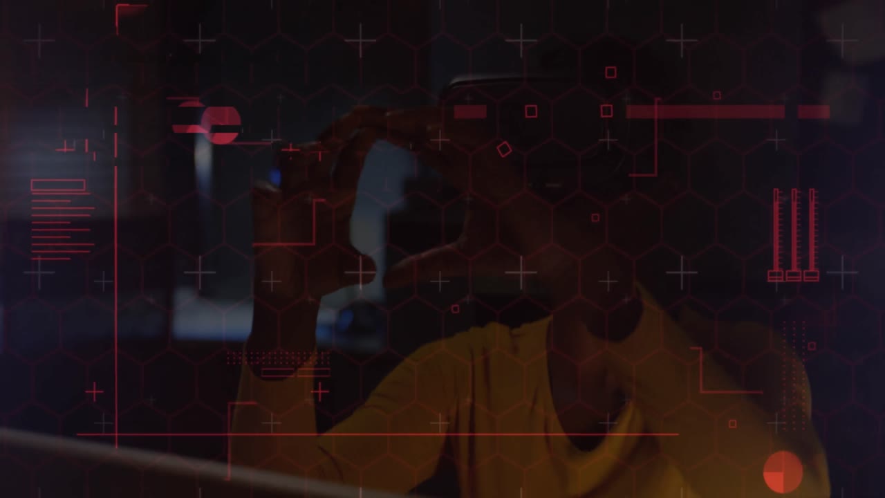 Animation of data processing with hexagons over woman wearing vr headset and moving her hands