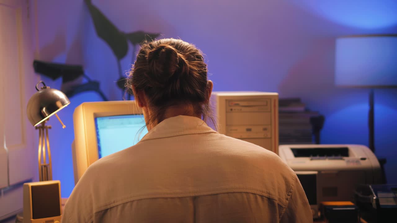 Man working and gaming on retro computer PC, IT engineer with vintage computer at home, using old fashion technology, close up of retro setup.