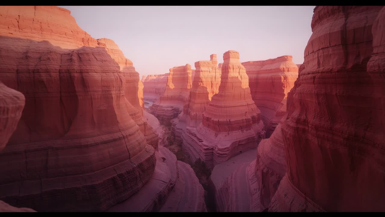 Advancing drone camera pushing into narrow slot canyon walls, drawing viewers inward