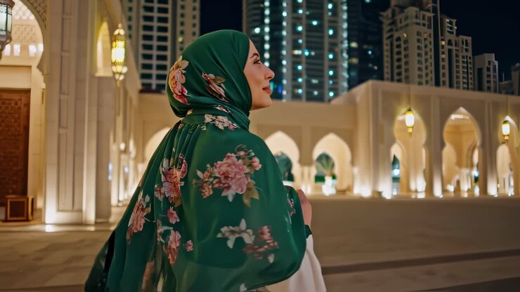 Elegant Muslim woman wearing green hijab standing peacefully near illuminated mosque, experiencing serene nighttime cityscape with glowing skyscrapers in background