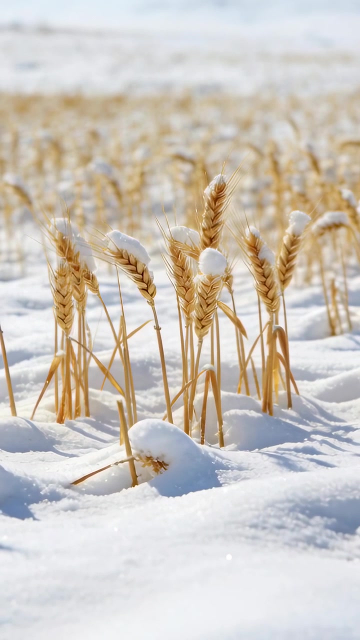 Video verticale: Telecamera che panoramica rivelando un grappolo di grano dorato in un campo innevato, sole che luccica sulle file.