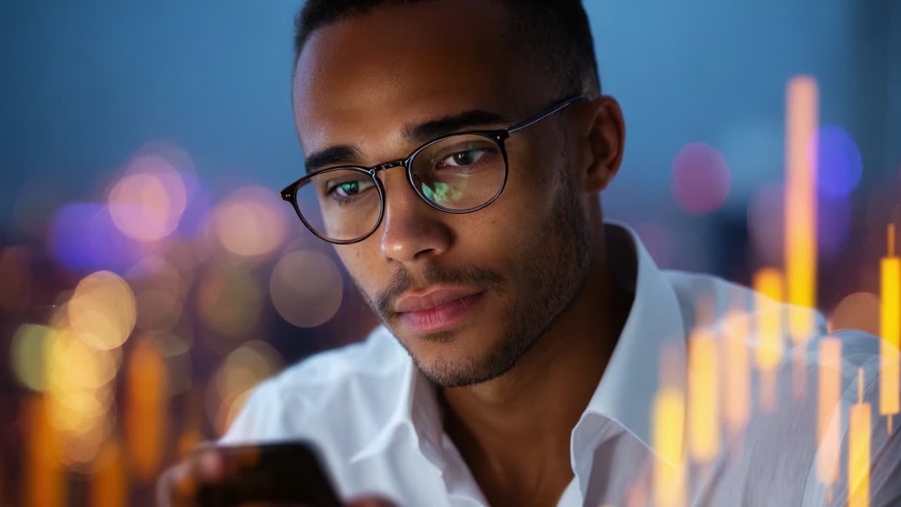 A focused young professional in glasses closely examines market data on his smartphone, illustrating the intersection of technology, finance, and personal growth amidst a vibrant, blurred urban backdrop