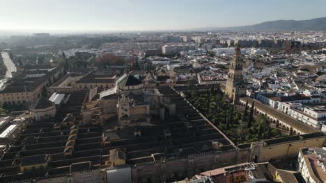 Stately-historical-Great-Mosque--in-Cordoba,-Spain;-aerial