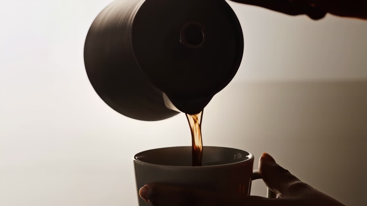 Person Pouring Coffee into a Mug in Silhouette