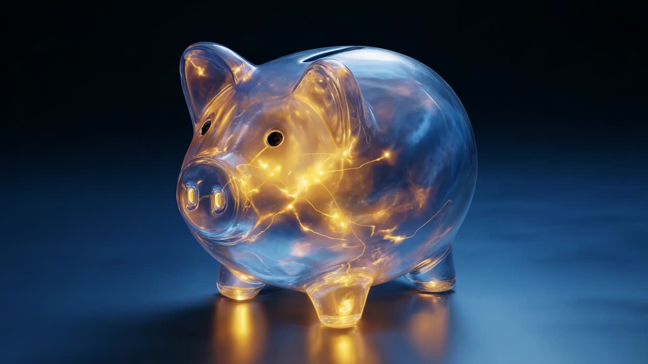 A mesmerizing visual transformation of a modern, illuminated piggy bank, showcasing its glowing design and unique craftsmanship, highlighting both functionality and aesthetic appeal in contemporary decor