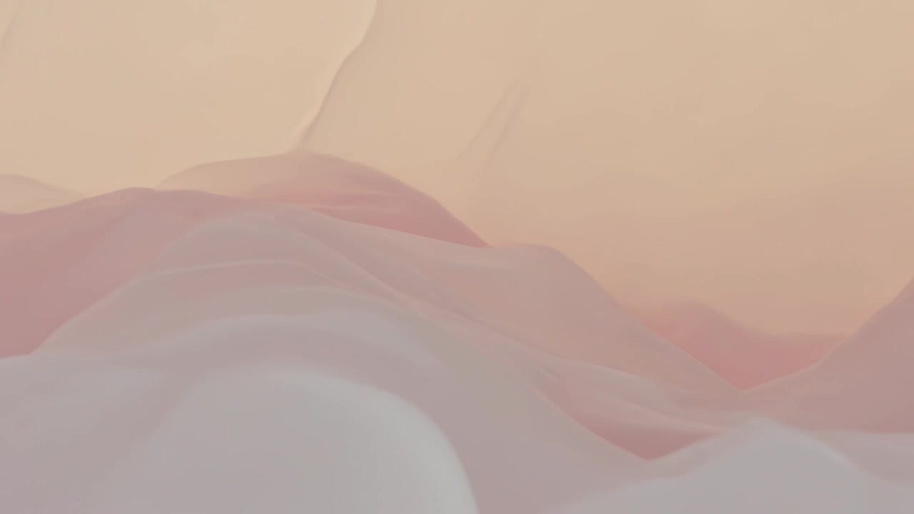 Advancing viewpoint revealing shifting layered mounds in pastel gradient, showing faint streaks